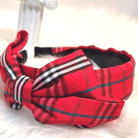 PLAID SIDE BOW HEADBAND Red white green black fabric - Picture 4 of 6